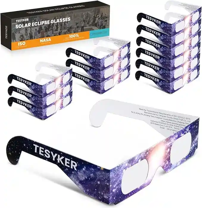 9. TESYKER Eclipse Glasses, 12 Pack ISO 12312-2:2015(E) & CE Certified Paper Solar Eclipse Glasses, Safety Solar Eclipse Viewing, Direct Sun Observation，AAS Recommended List